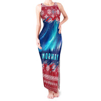 Norway Christmas Tank Maxi Dress with Northern Lights Snowflake Pattern and Nordic Forest - Wonder Print Shop