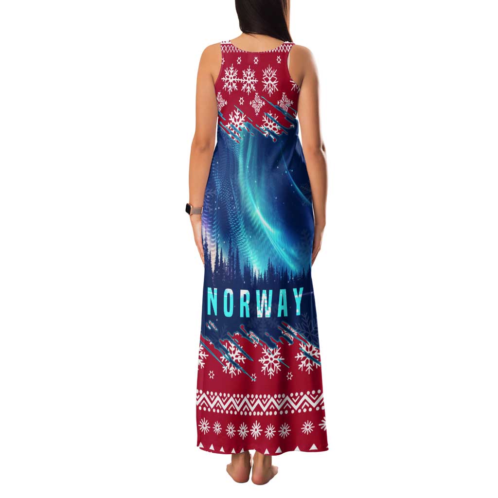 Norway Christmas Tank Maxi Dress with Northern Lights Snowflake Pattern and Nordic Forest - Wonder Print Shop