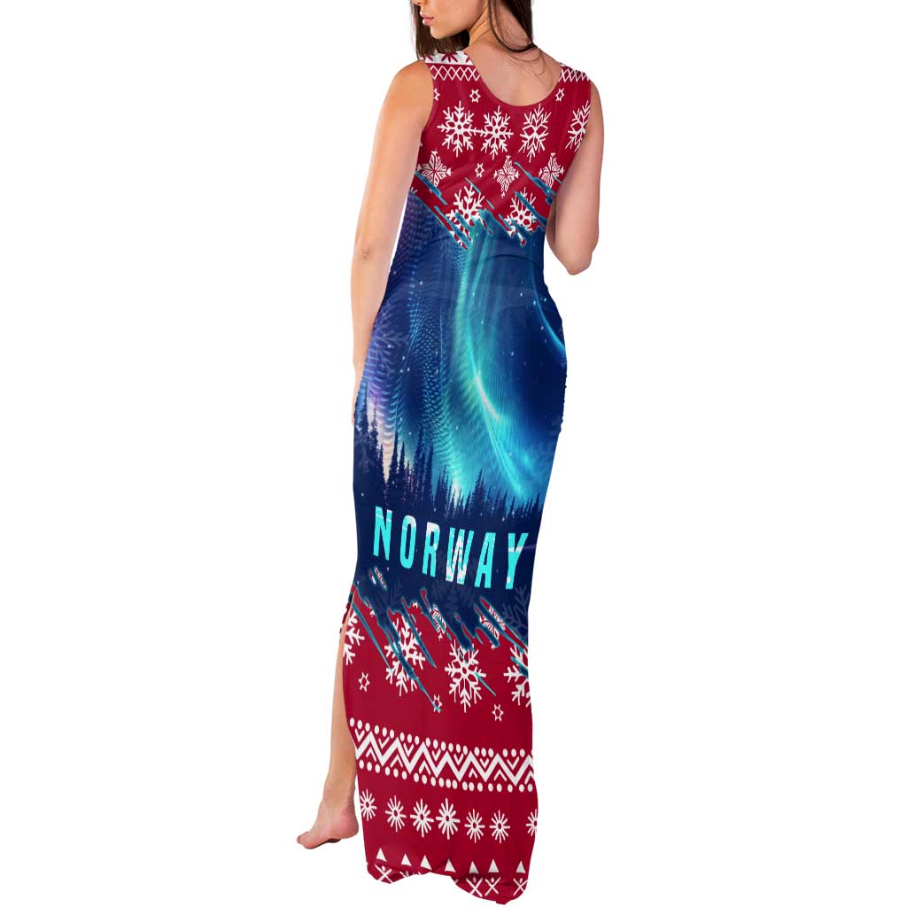 Norway Christmas Tank Maxi Dress with Northern Lights Snowflake Pattern and Nordic Forest - Wonder Print Shop