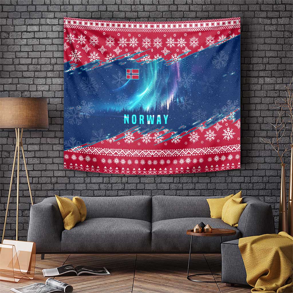 Norway Christmas Tapestry with Northern Lights Snowflake Pattern and Nordic Forest - Wonder Print Shop