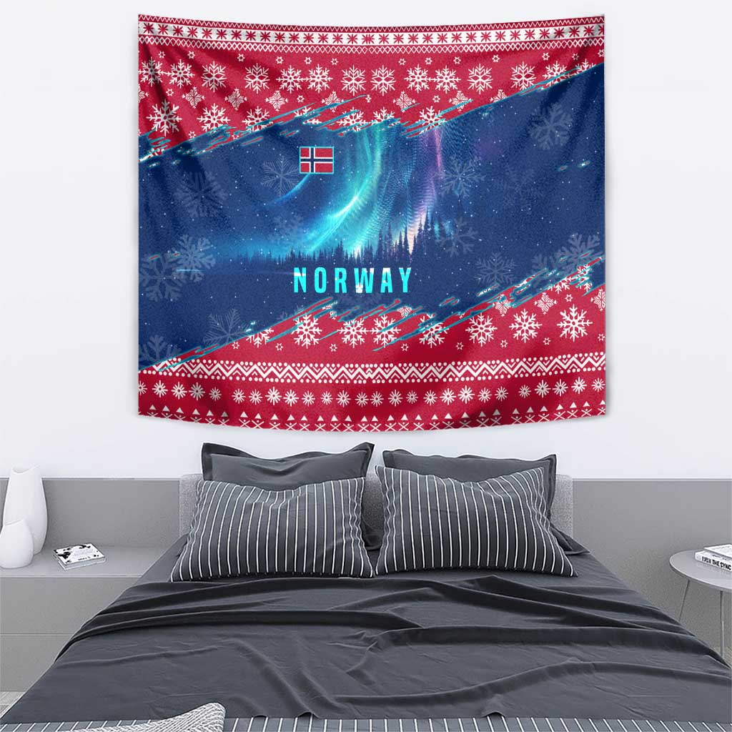 Norway Christmas Tapestry with Northern Lights Snowflake Pattern and Nordic Forest - Wonder Print Shop