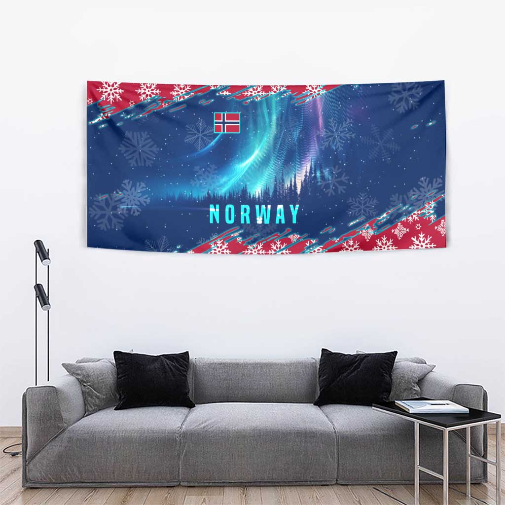 Norway Christmas Tapestry with Northern Lights Snowflake Pattern and Nordic Forest - Wonder Print Shop
