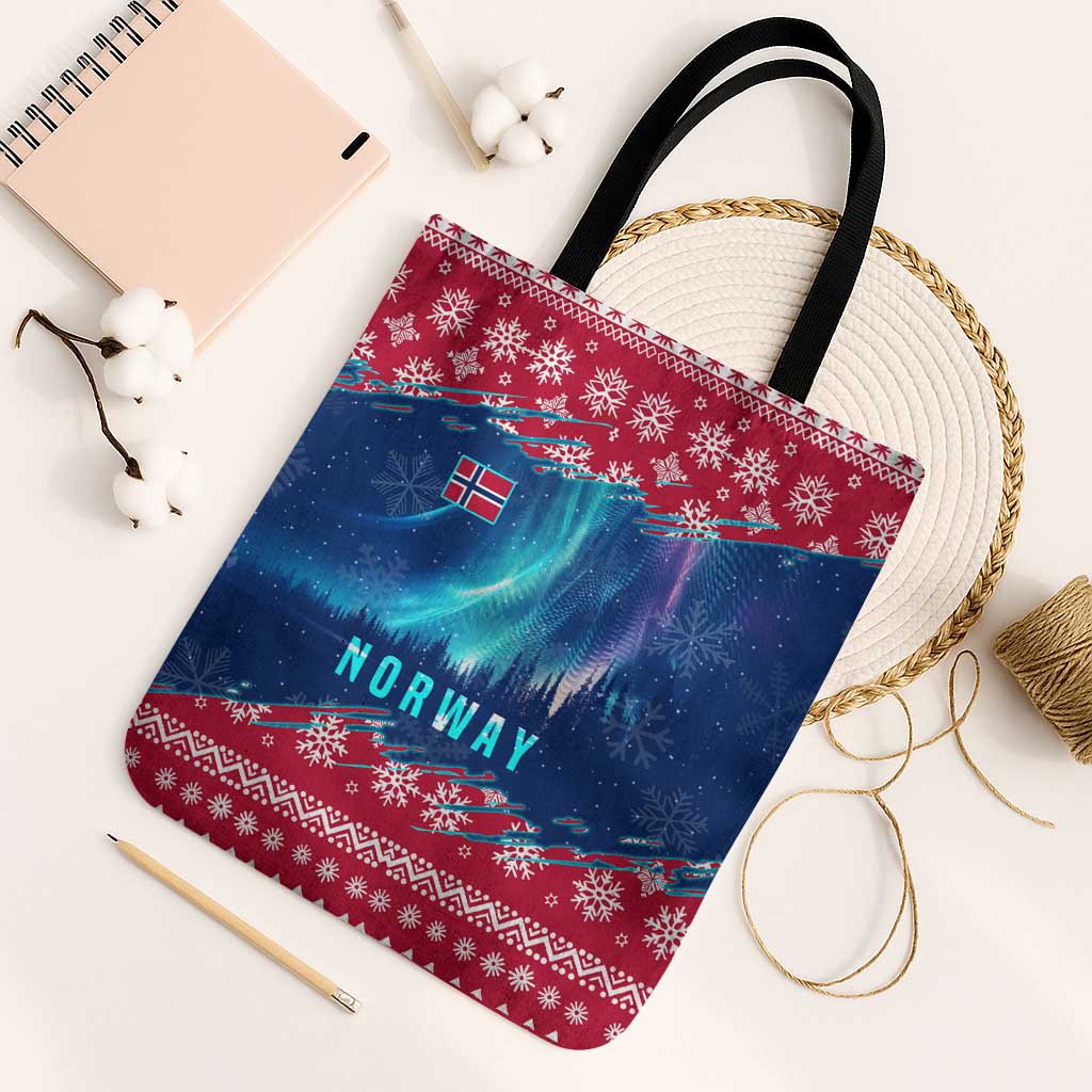 Norway Christmas Tote Bag with Northern Lights Snowflake Pattern and Nordic Forest - Wonder Print Shop