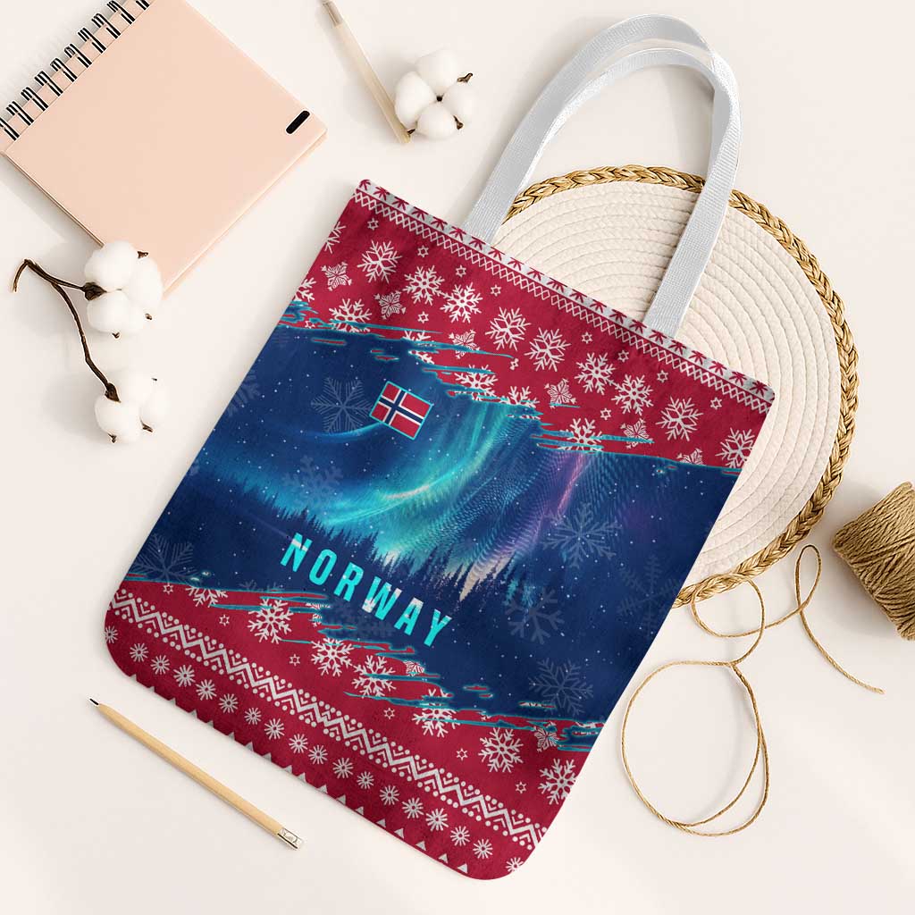 Norway Christmas Tote Bag with Northern Lights Snowflake Pattern and Nordic Forest - Wonder Print Shop