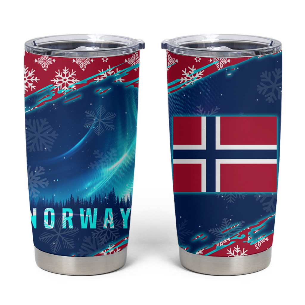 Norway Christmas Tumbler Cup with Northern Lights Snowflake Pattern and Nordic Forest - Wonder Print Shop
