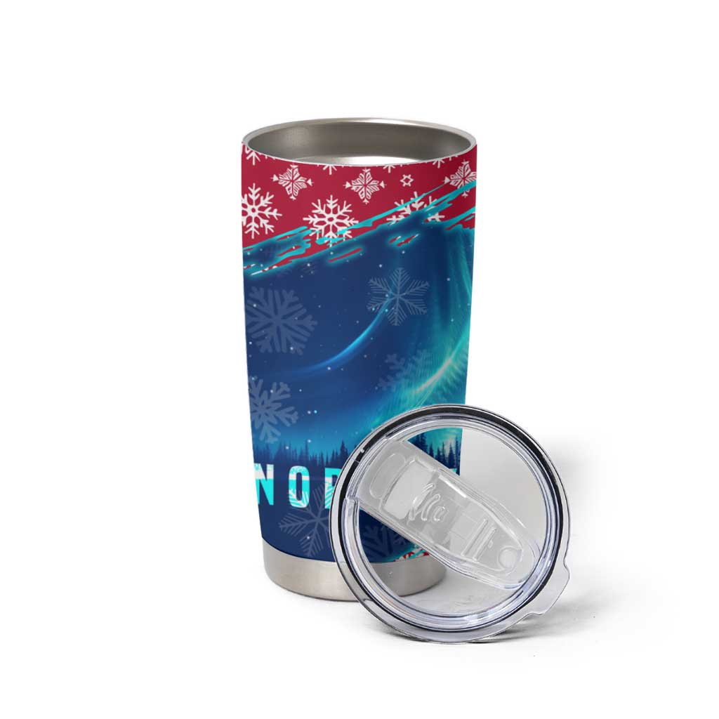 Norway Christmas Tumbler Cup with Northern Lights Snowflake Pattern and Nordic Forest - Wonder Print Shop