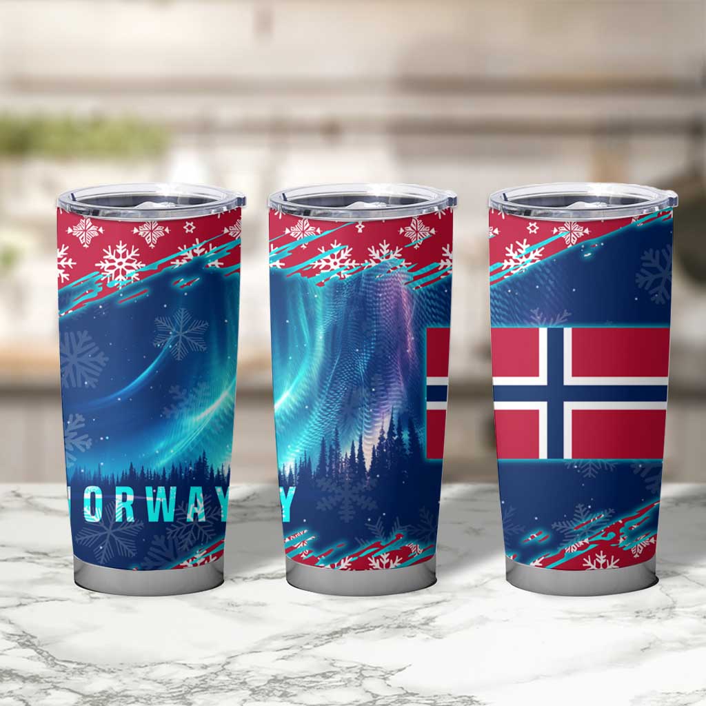 Norway Christmas Tumbler Cup with Northern Lights Snowflake Pattern and Nordic Forest - Wonder Print Shop