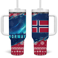 Norway Christmas Tumbler With Handle with Northern Lights Snowflake Pattern and Nordic Forest - Wonder Print Shop