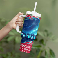 Norway Christmas Tumbler With Handle with Northern Lights Snowflake Pattern and Nordic Forest - Wonder Print Shop