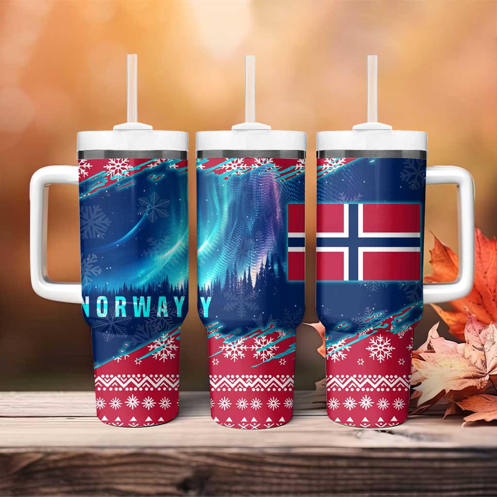 Norway Christmas Tumbler With Handle with Northern Lights Snowflake Pattern and Nordic Forest - Wonder Print Shop