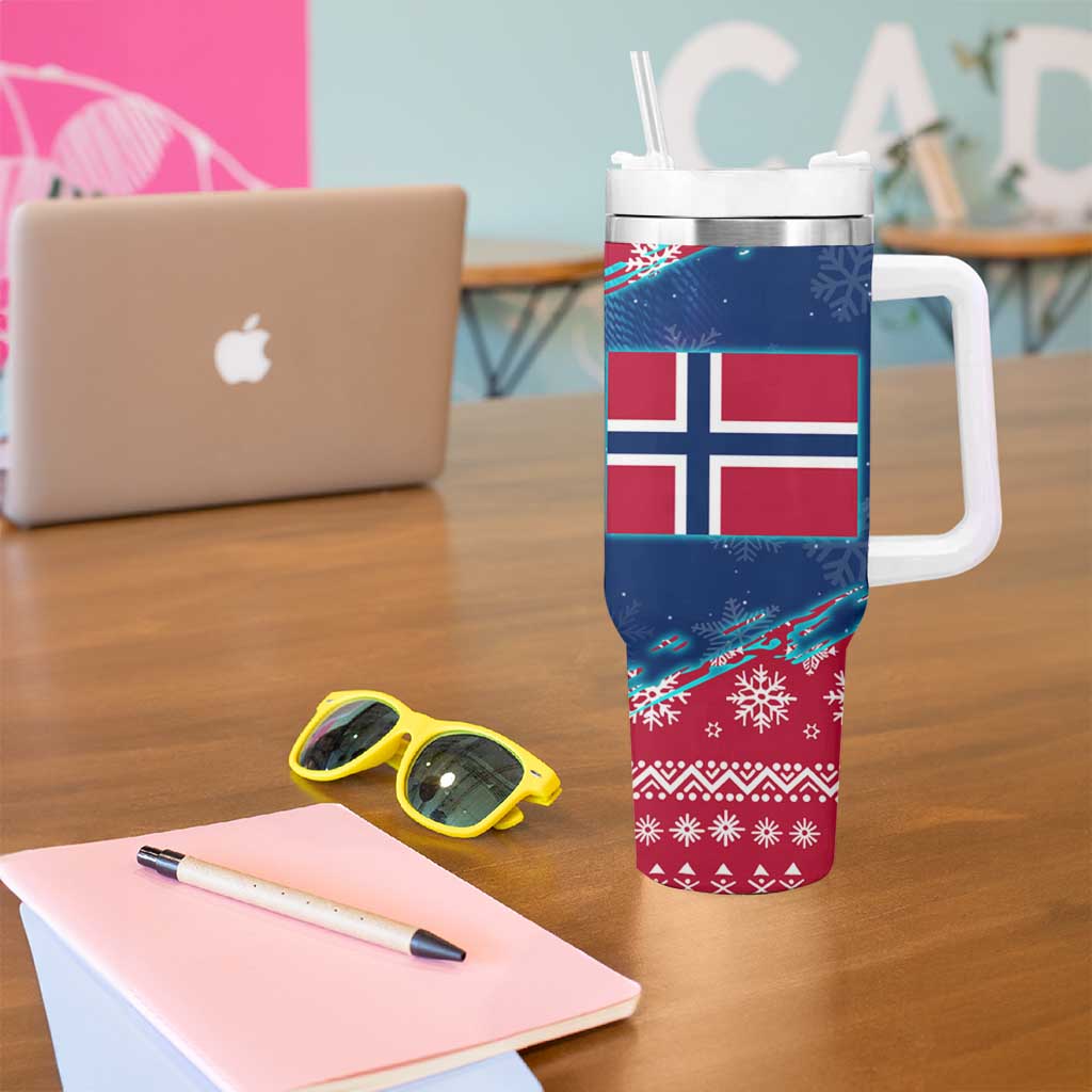 Norway Christmas Tumbler With Handle with Northern Lights Snowflake Pattern and Nordic Forest - Wonder Print Shop
