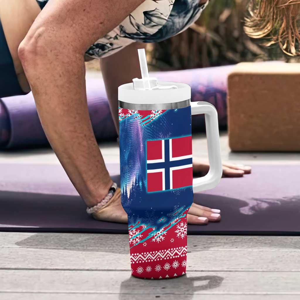 Norway Christmas Tumbler With Handle with Northern Lights Snowflake Pattern and Nordic Forest - Wonder Print Shop