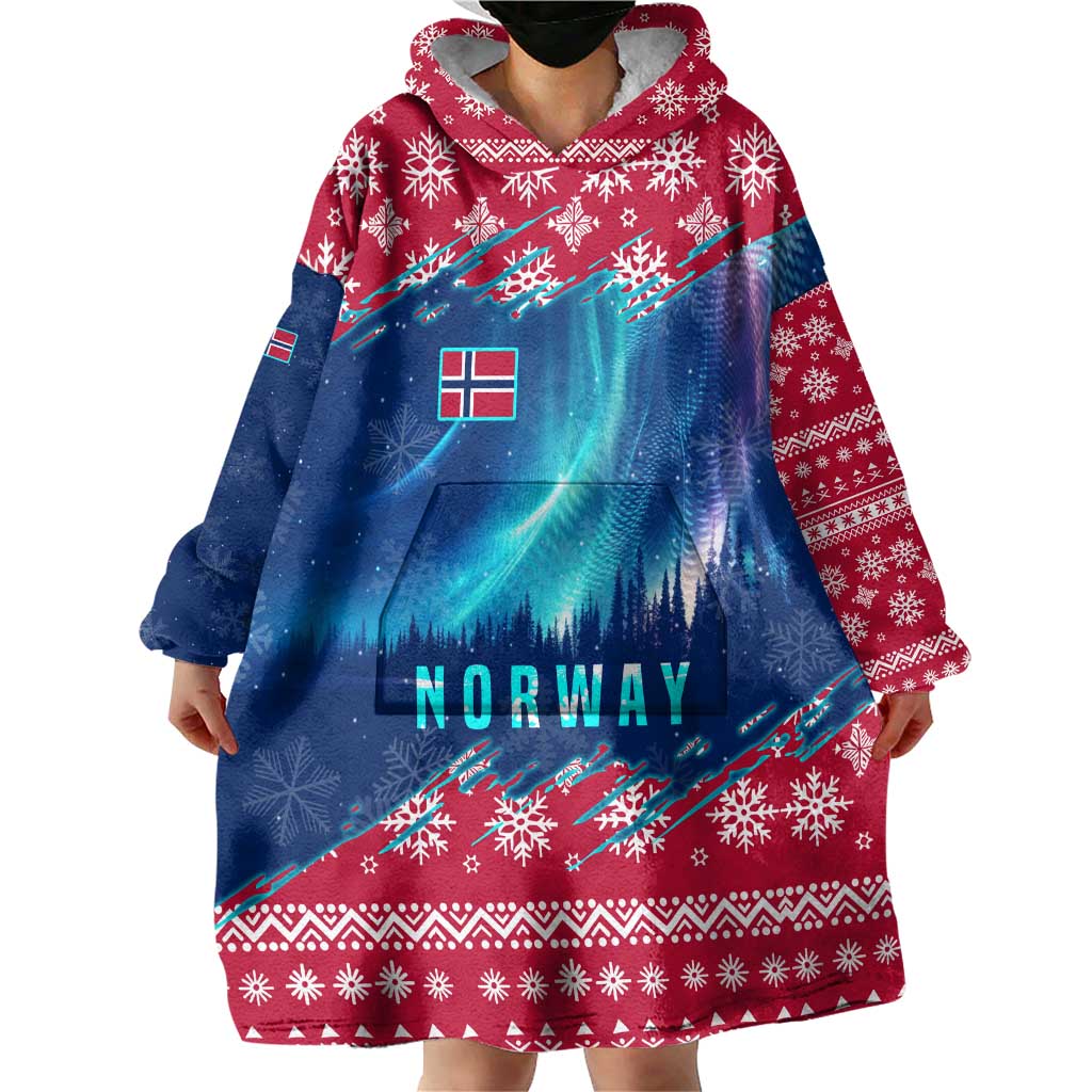 Norway Christmas Wearable Blanket Hoodie with Northern Lights Snowflake Pattern and Nordic Forest - Wonder Print Shop