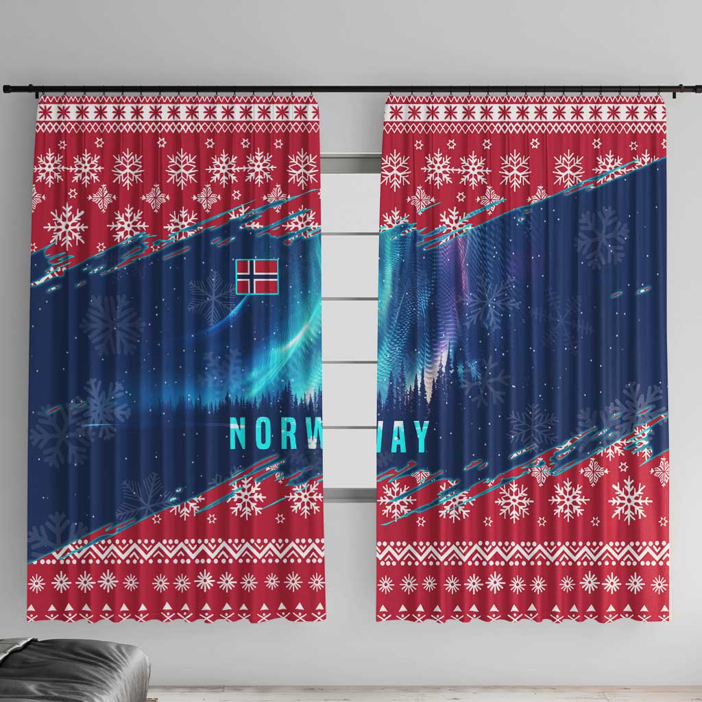 Norway Christmas Window Curtain with Northern Lights Snowflake Pattern and Nordic Forest - Wonder Print Shop