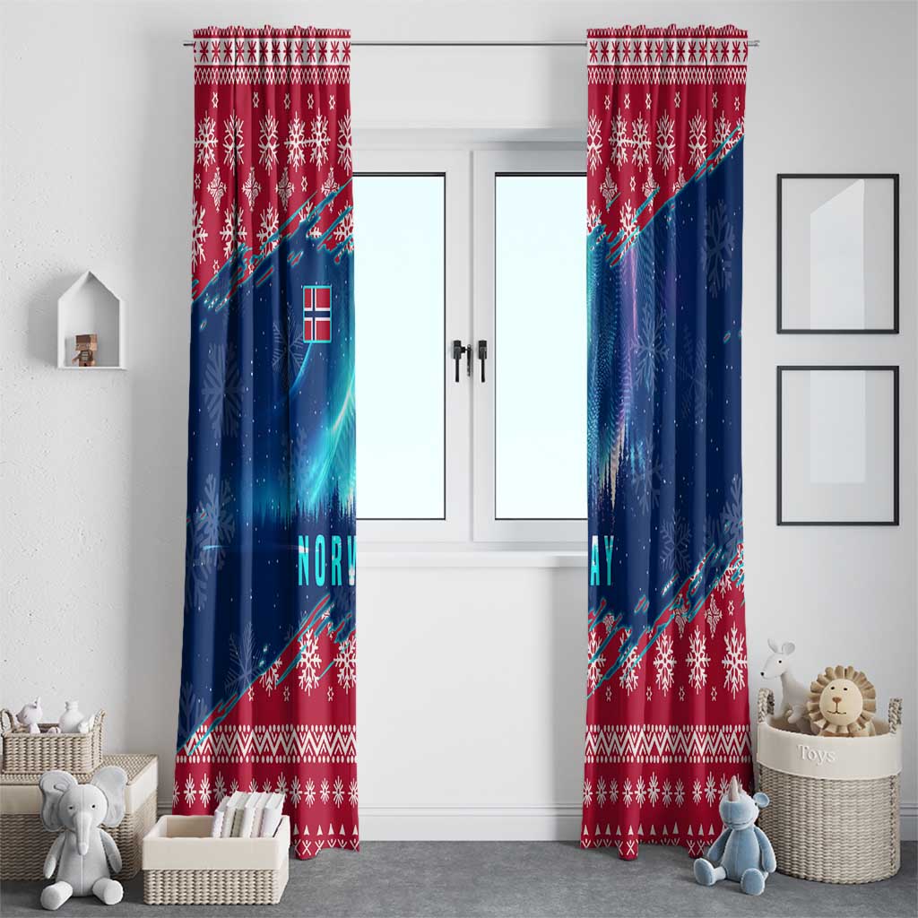 Norway Christmas Window Curtain with Northern Lights Snowflake Pattern and Nordic Forest - Wonder Print Shop