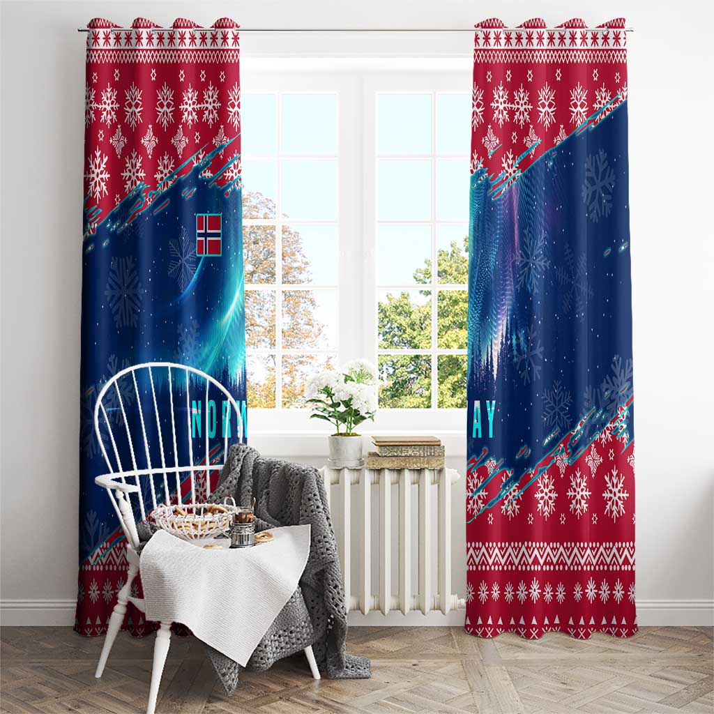 Norway Christmas Window Curtain with Northern Lights Snowflake Pattern and Nordic Forest - Wonder Print Shop