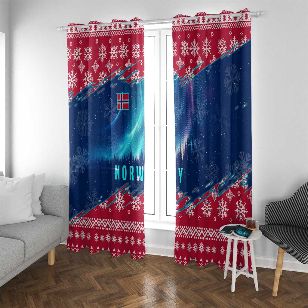 Norway Christmas Window Curtain with Northern Lights Snowflake Pattern and Nordic Forest - Wonder Print Shop