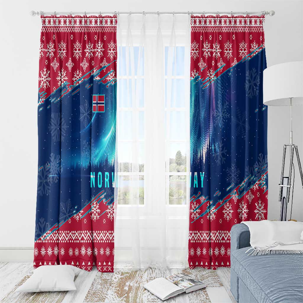 Norway Christmas Window Curtain with Northern Lights Snowflake Pattern and Nordic Forest - Wonder Print Shop