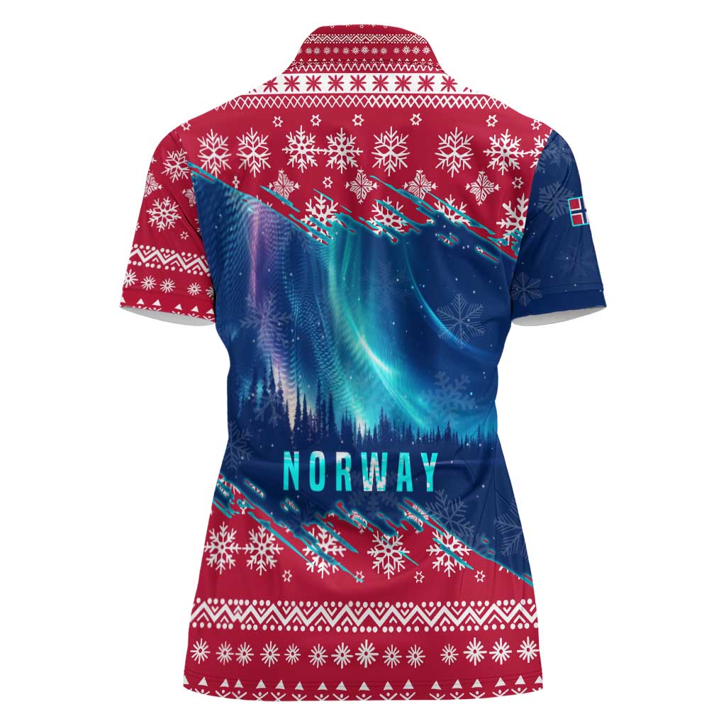 Norway Christmas Women Polo Shirt with Northern Lights Snowflake Pattern and Nordic Forest - Wonder Print Shop