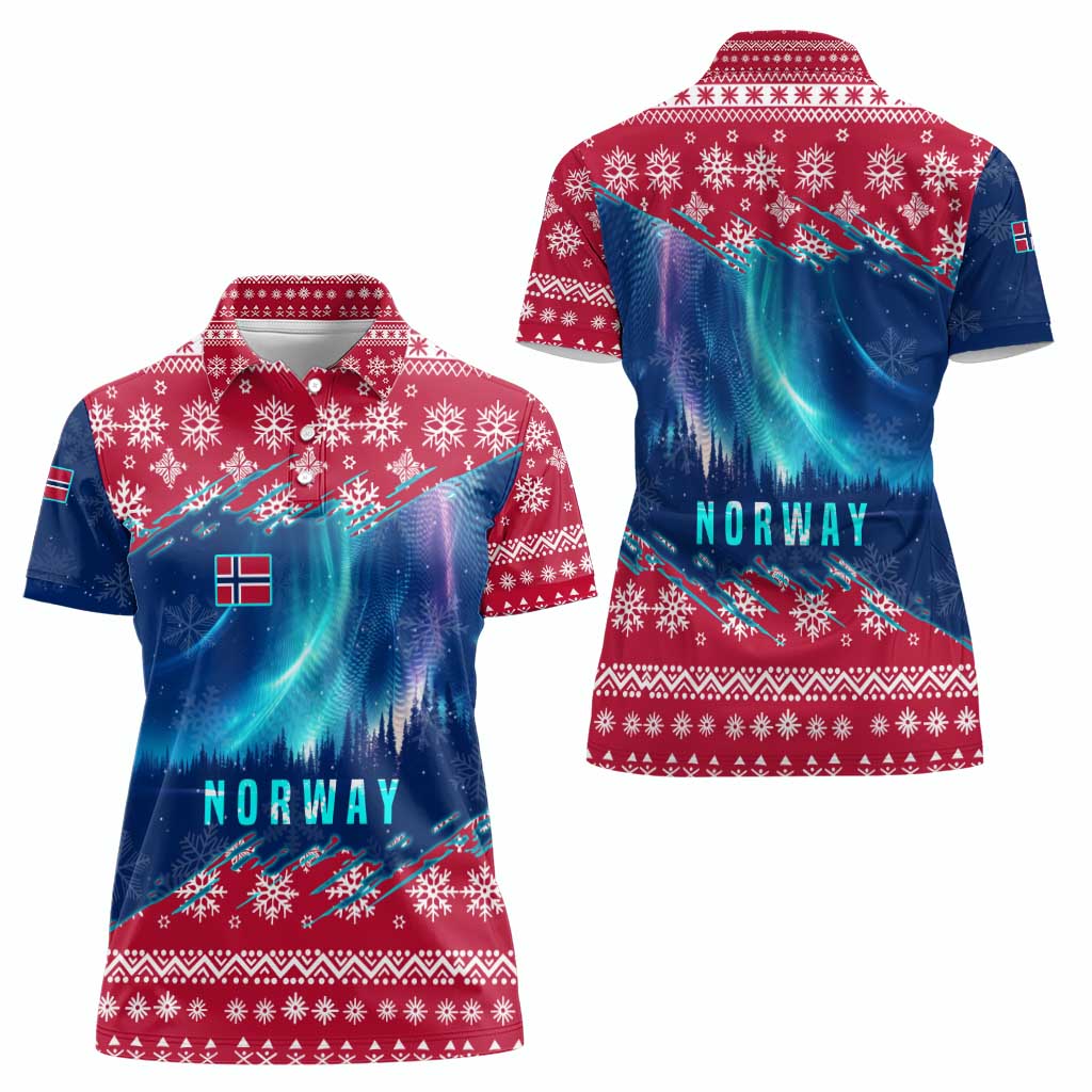 Norway Christmas Women Polo Shirt with Northern Lights Snowflake Pattern and Nordic Forest - Wonder Print Shop