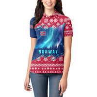 Norway Christmas Women Polo Shirt with Northern Lights Snowflake Pattern and Nordic Forest - Wonder Print Shop