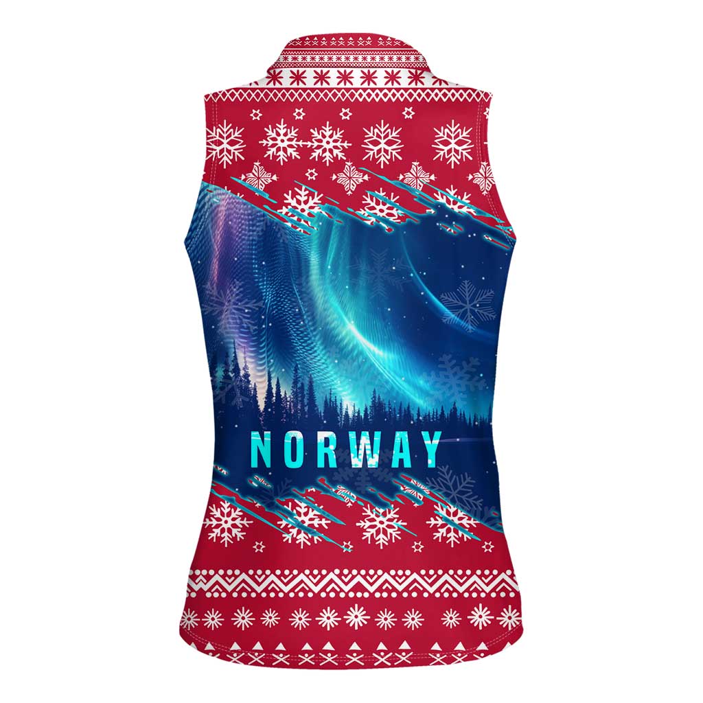 Norway Christmas Women Sleeveless Polo Shirt with Northern Lights Snowflake Pattern and Nordic Forest - Wonder Print Shop