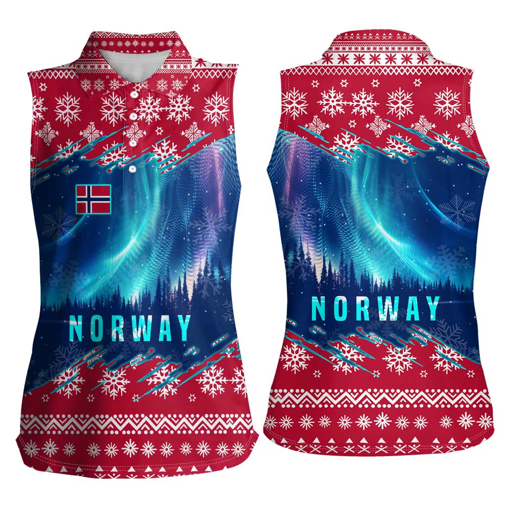 Norway Christmas Women Sleeveless Polo Shirt with Northern Lights Snowflake Pattern and Nordic Forest - Wonder Print Shop