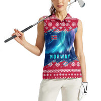 Norway Christmas Women Sleeveless Polo Shirt with Northern Lights Snowflake Pattern and Nordic Forest - Wonder Print Shop