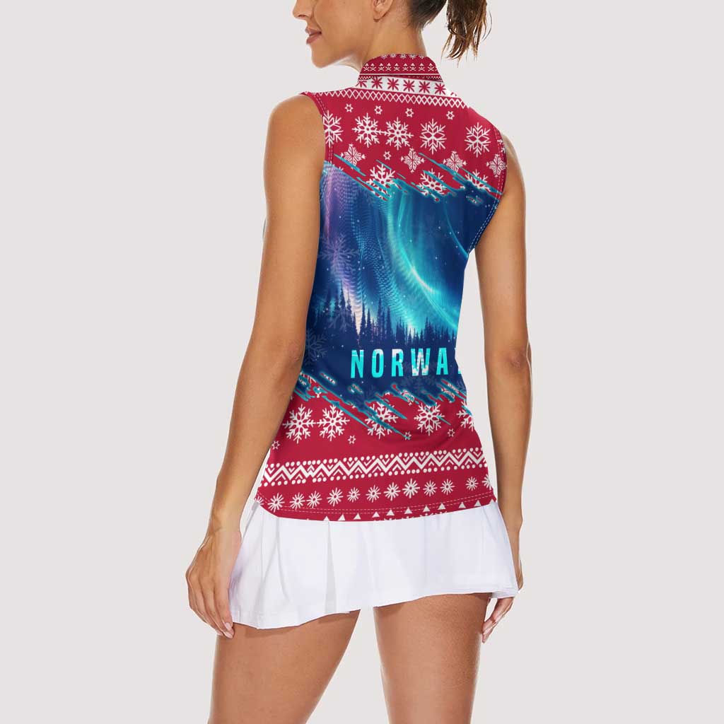Norway Christmas Women Sleeveless Polo Shirt with Northern Lights Snowflake Pattern and Nordic Forest - Wonder Print Shop