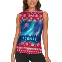 Norway Christmas Women Sleeveless Polo Shirt with Northern Lights Snowflake Pattern and Nordic Forest - Wonder Print Shop