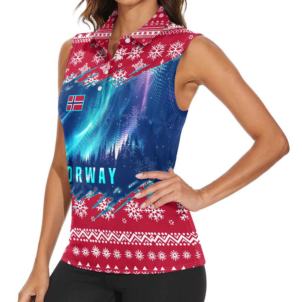 Norway Christmas Women Sleeveless Polo Shirt with Northern Lights Snowflake Pattern and Nordic Forest - Wonder Print Shop