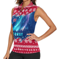 Norway Christmas Women Sleeveless Polo Shirt with Northern Lights Snowflake Pattern and Nordic Forest - Wonder Print Shop
