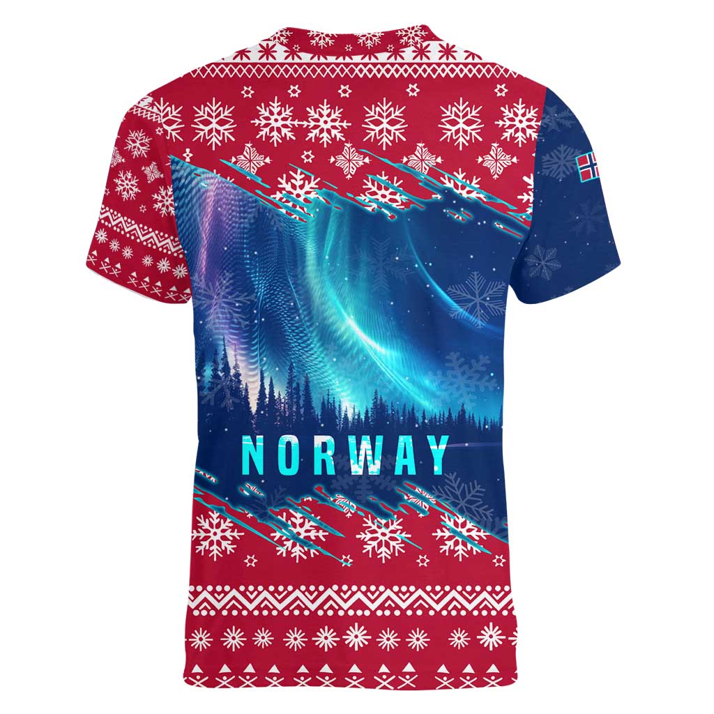 Norway Christmas Women V-Neck T-Shirt with Northern Lights Snowflake Pattern and Nordic Forest - Wonder Print Shop