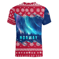 Norway Christmas Women V-Neck T-Shirt with Northern Lights Snowflake Pattern and Nordic Forest - Wonder Print Shop