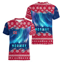 Norway Christmas Women V-Neck T-Shirt with Northern Lights Snowflake Pattern and Nordic Forest - Wonder Print Shop