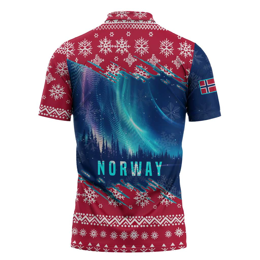 Norway Christmas Zipper Polo Shirt with Northern Lights Snowflake Pattern and Nordic Forest - Wonder Print Shop
