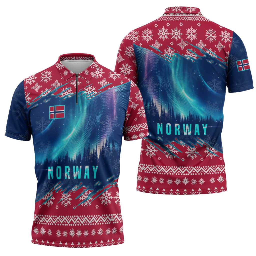 Norway Christmas Zipper Polo Shirt with Northern Lights Snowflake Pattern and Nordic Forest - Wonder Print Shop