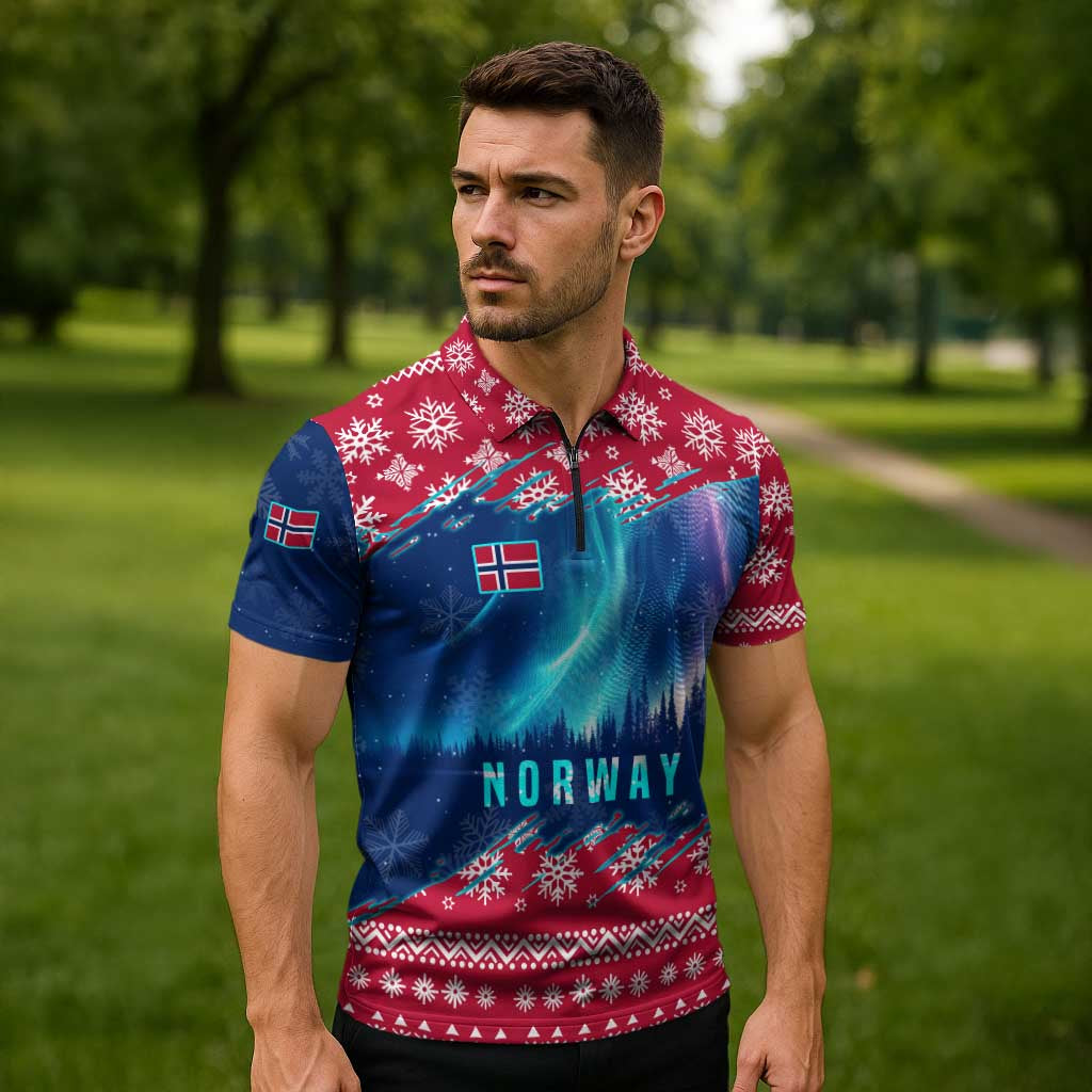 Norway Christmas Zipper Polo Shirt with Northern Lights Snowflake Pattern and Nordic Forest - Wonder Print Shop