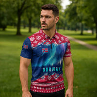 Norway Christmas Zipper Polo Shirt with Northern Lights Snowflake Pattern and Nordic Forest - Wonder Print Shop
