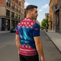 Norway Christmas Zipper Polo Shirt with Northern Lights Snowflake Pattern and Nordic Forest - Wonder Print Shop