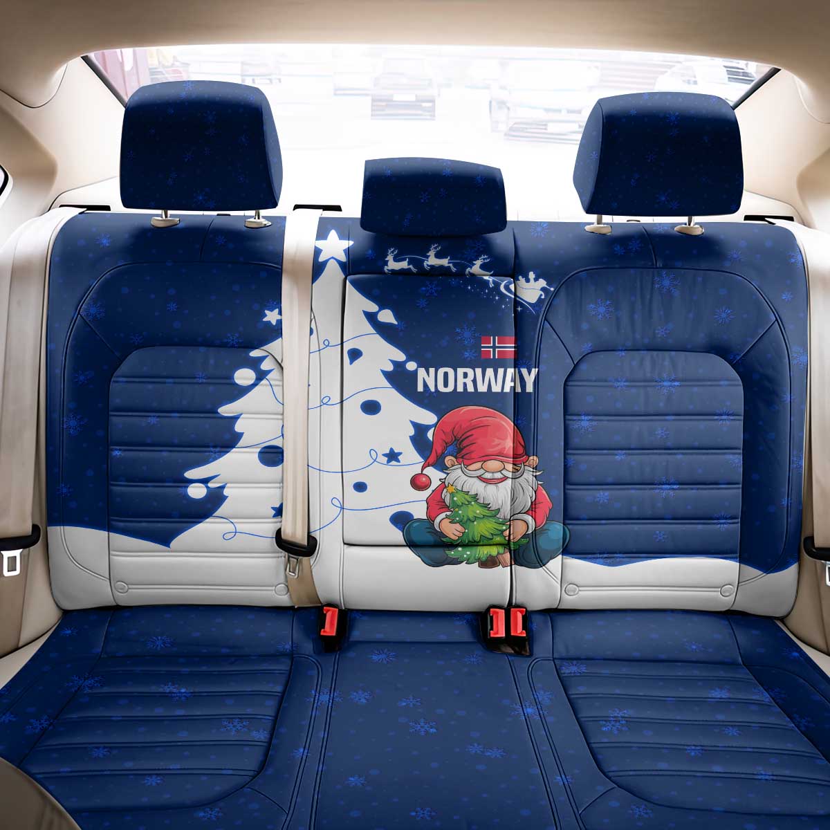 Norway Christmas Back Car Seat Cover with Nordic Gnome Santa White Tree and Snowflake - Wonder Print Shop
