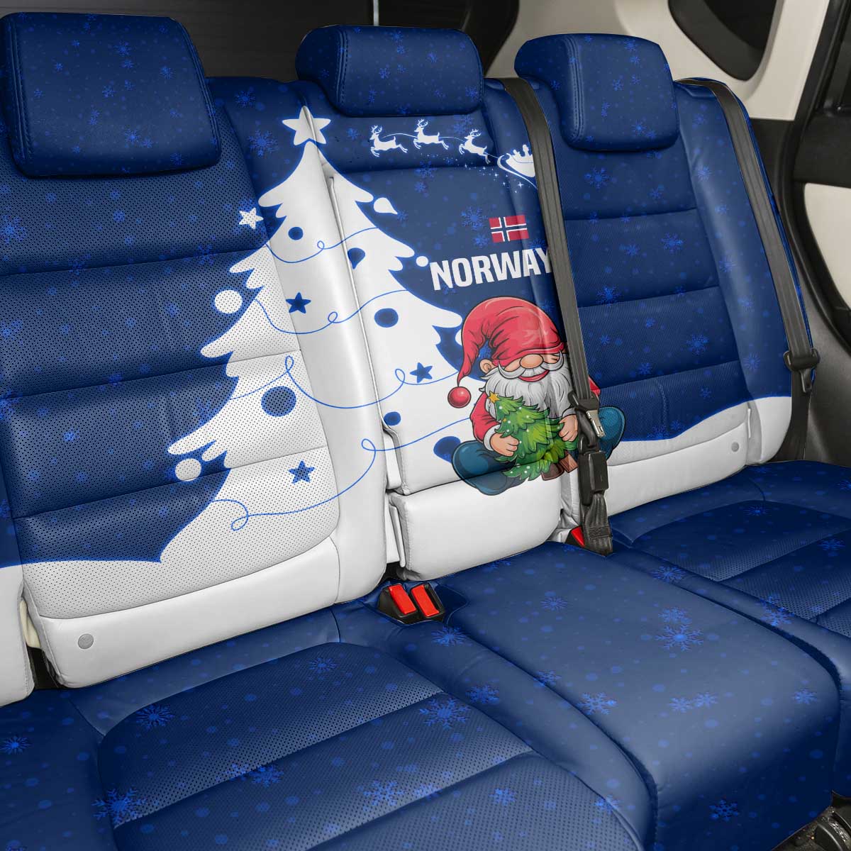 Norway Christmas Back Car Seat Cover with Nordic Gnome Santa White Tree and Snowflake - Wonder Print Shop