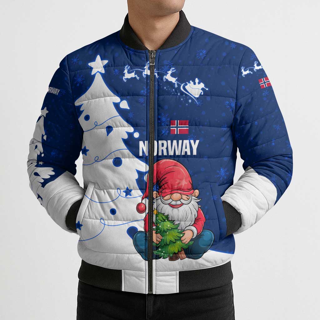 Norway Christmas Bomber Puffer Jacket with Nordic Gnome Santa White Tree and Snowflake - Wonder Print Shop