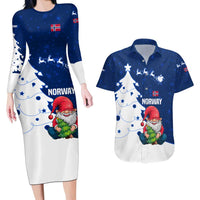 Norway Christmas Couples Matching Long Sleeve Bodycon Dress and Hawaiian Shirt with Nordic Gnome Santa White Tree and Snowflake - Wonder Print Shop