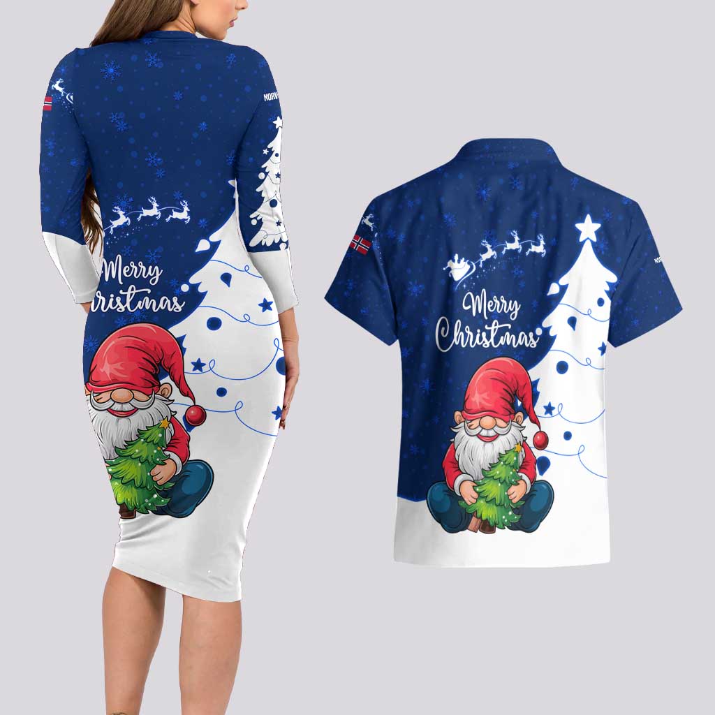 Norway Christmas Couples Matching Long Sleeve Bodycon Dress and Hawaiian Shirt with Nordic Gnome Santa White Tree and Snowflake - Wonder Print Shop