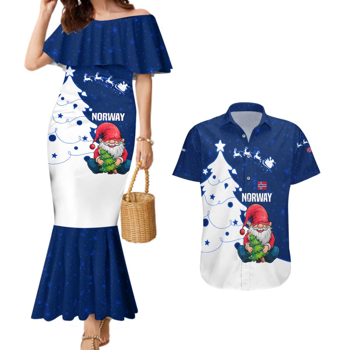 Norway Christmas Couples Matching Mermaid Dress and Hawaiian Shirt with Nordic Gnome Santa White Tree and Snowflake - Wonder Print Shop