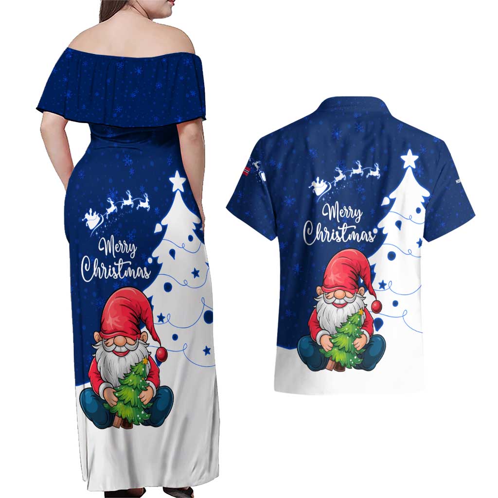 Norway Christmas Couples Matching Off Shoulder Maxi Dress and Hawaiian Shirt with Nordic Gnome Santa White Tree and Snowflake - Wonder Print Shop