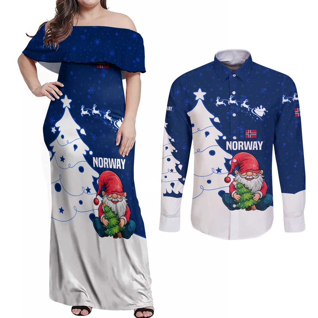 Norway Christmas Couples Matching Off Shoulder Maxi Dress and Long Sleeve Button Shirt with Nordic Gnome Santa White Tree and Snowflake - Wonder Print Shop