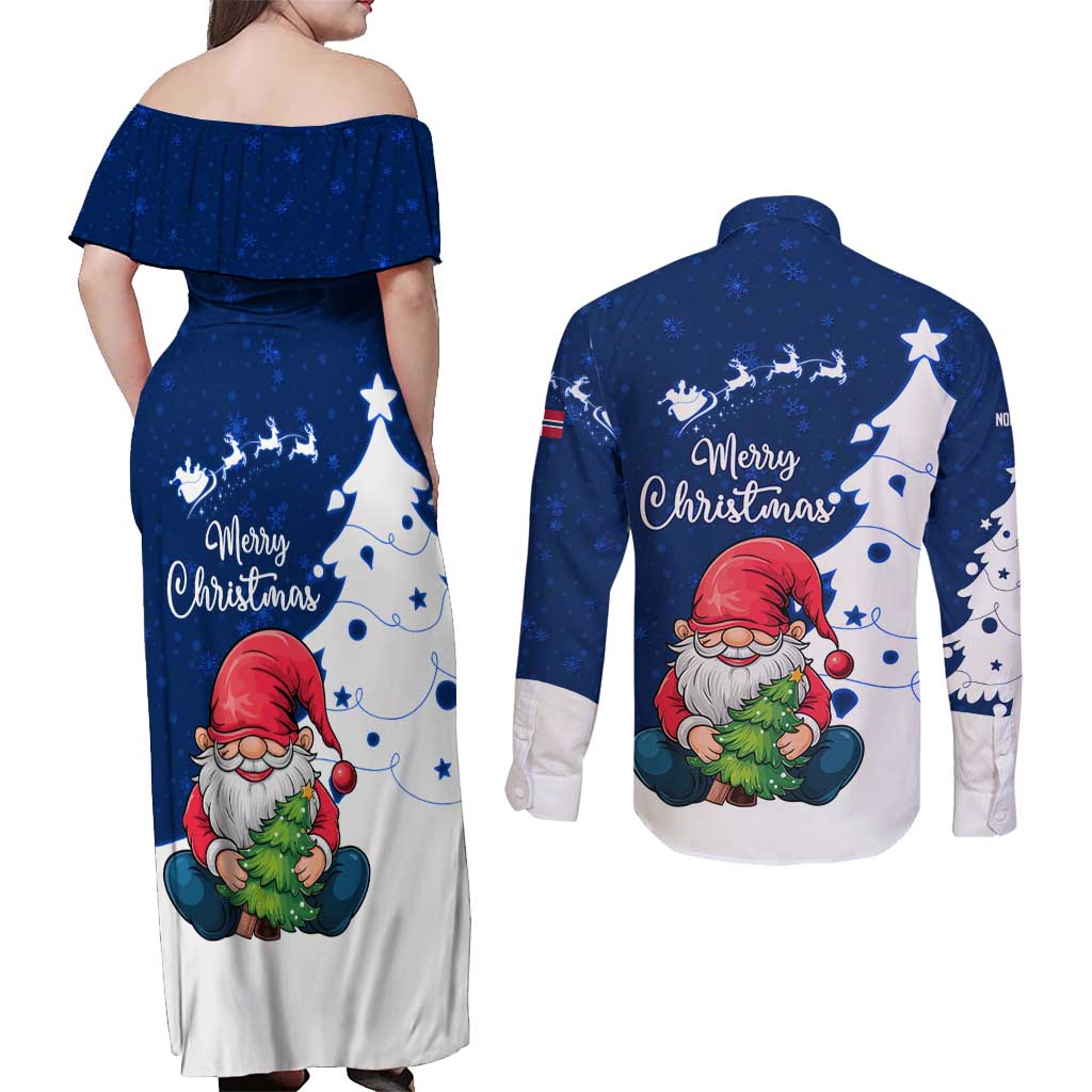 Norway Christmas Couples Matching Off Shoulder Maxi Dress and Long Sleeve Button Shirt with Nordic Gnome Santa White Tree and Snowflake - Wonder Print Shop
