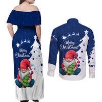 Norway Christmas Couples Matching Off Shoulder Maxi Dress and Long Sleeve Button Shirt with Nordic Gnome Santa White Tree and Snowflake - Wonder Print Shop